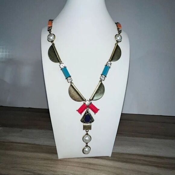Colorful Resin Beads Antiqued Brass Faux Pearls And Crystal Y-Drop Statement Fun - Picture 1 of 8